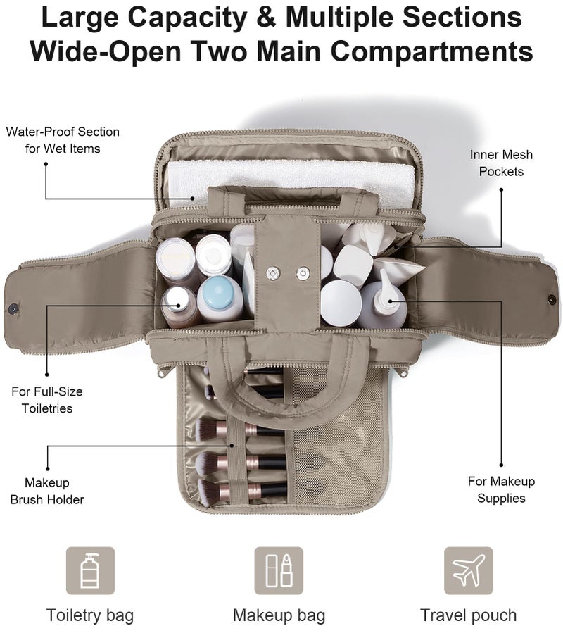 Bagstellar Travel Toiletry Bag, Large Wide-open Puffy Toiletry Bag for Women, Lightweight Quilted Makeup Bag Cosmetic Organizer with Handle Water-resistant Travel Essentials for Toiletries Accessories Oatmeal - Image 3