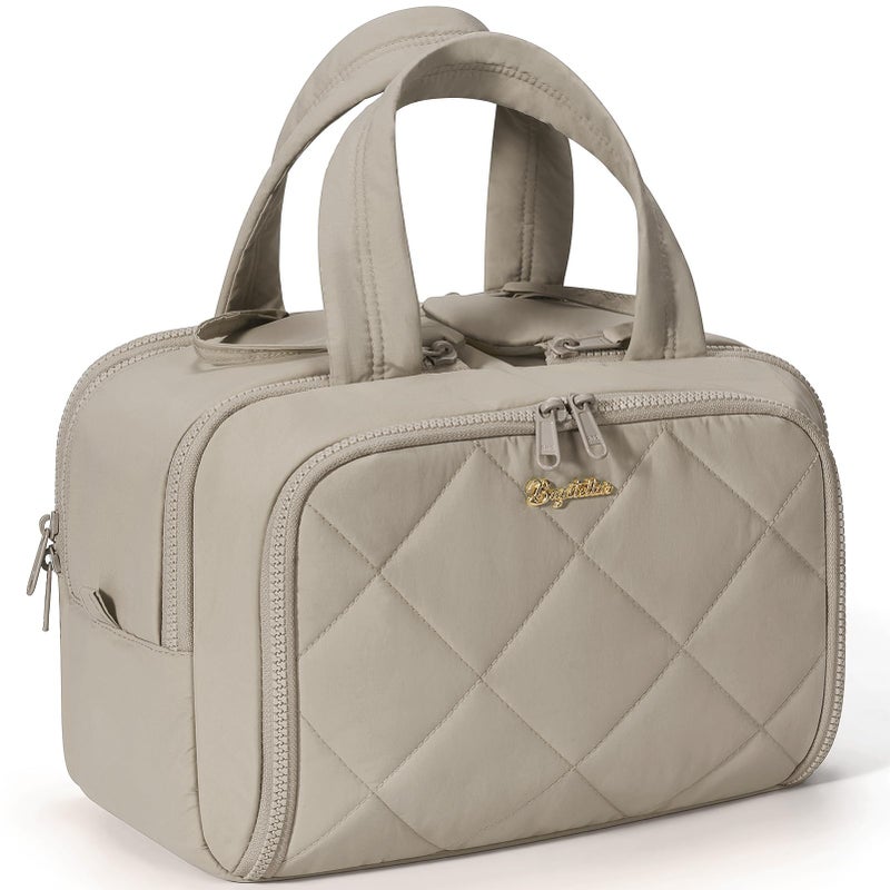 Bagstellar Travel Toiletry Bag, Large Wide-open Puffy Toiletry Bag for Women, Lightweight Quilted Makeup Bag Cosmetic Organizer with Handle Water-resistant Travel Essentials for Toiletries Accessories Oatmeal - Image 1