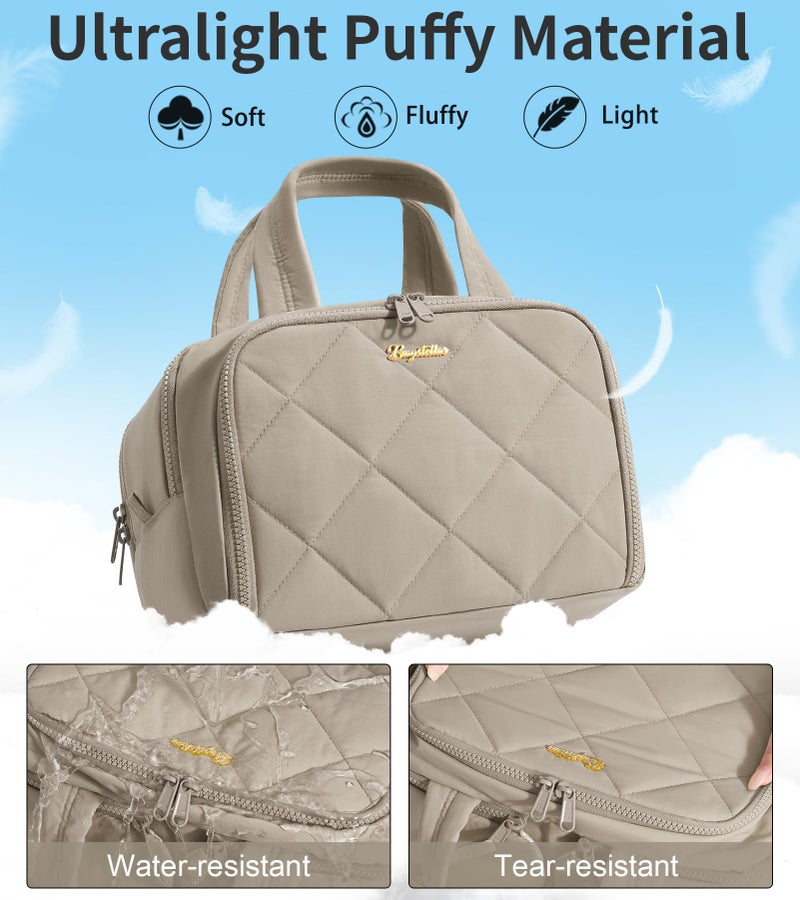 Bagstellar Travel Toiletry Bag, Large Wide-open Puffy Toiletry Bag for Women, Lightweight Quilted Makeup Bag Cosmetic Organizer with Handle Water-resistant Travel Essentials for Toiletries Accessories Oatmeal - Image 4