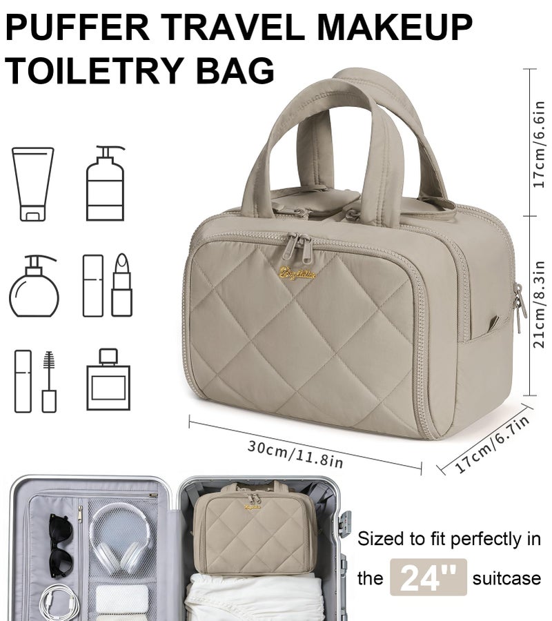 Bagstellar Travel Toiletry Bag, Large Wide-open Puffy Toiletry Bag for Women, Lightweight Quilted Makeup Bag Cosmetic Organizer with Handle Water-resistant Travel Essentials for Toiletries Accessories Oatmeal - Image 2