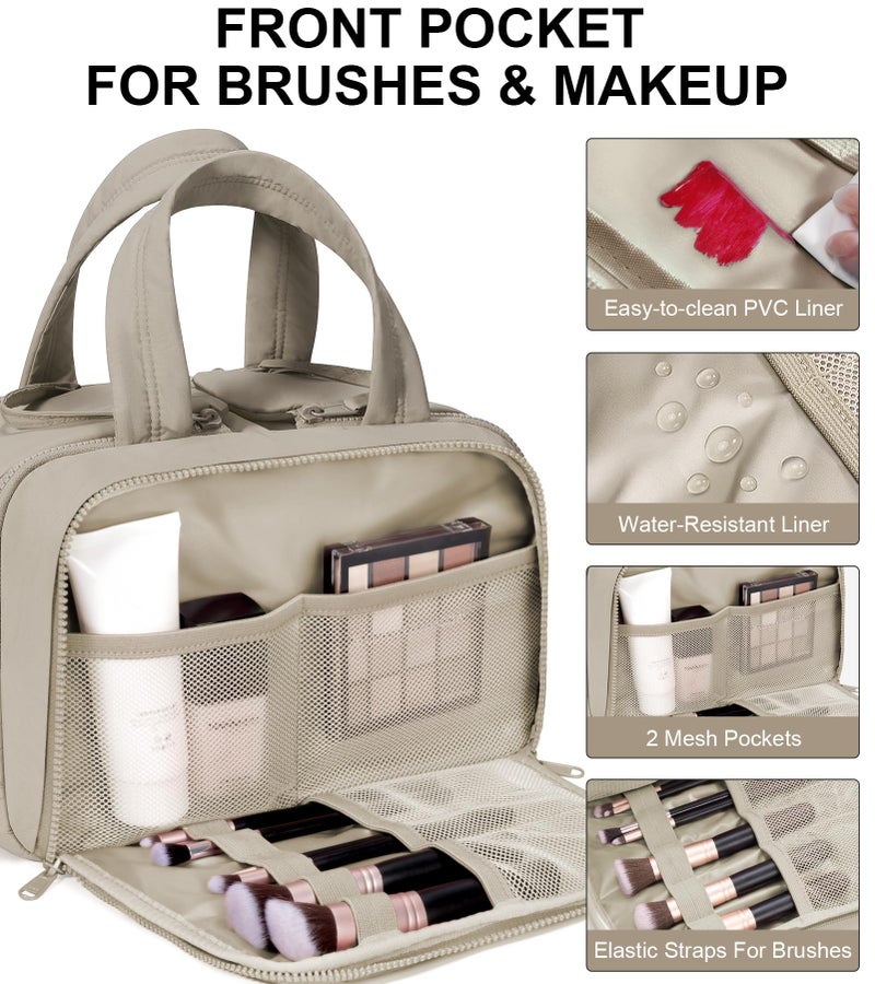 Bagstellar Travel Toiletry Bag, Large Wide-open Puffy Toiletry Bag for Women, Lightweight Quilted Makeup Bag Cosmetic Organizer with Handle Water-resistant Travel Essentials for Toiletries Accessories Oatmeal - Image 5