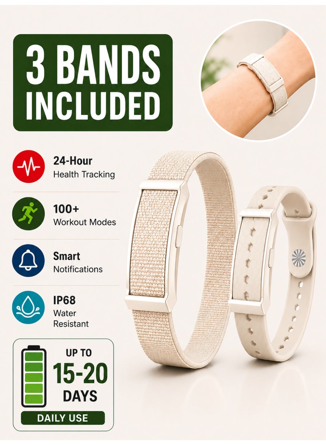 RUKYU Screenless Fitness Tracker Smart Bracelet for Men— Call Reminders, 24 Hour Health Tracking, Heart Rate & HRV Health Monitoring, AI Health Analysis, 100+ Sports Tracking, 40-Day Battery Life, Menstrual Cycle Tracking Smart Wristband for Women, IP68 Waterproof, Two Beige Replaceable Straps for Outdoor