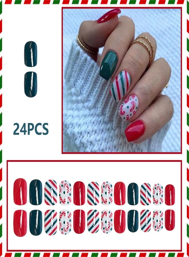 ASABITE 24Pcs Short Square Press on Nails Christmas Fake Nails with Cane Stripes Pattern Design Red Green Full Cover False Nails Winter Christmas Nails Press ons Artificial Glue on Nail for Women Girls - Image 2