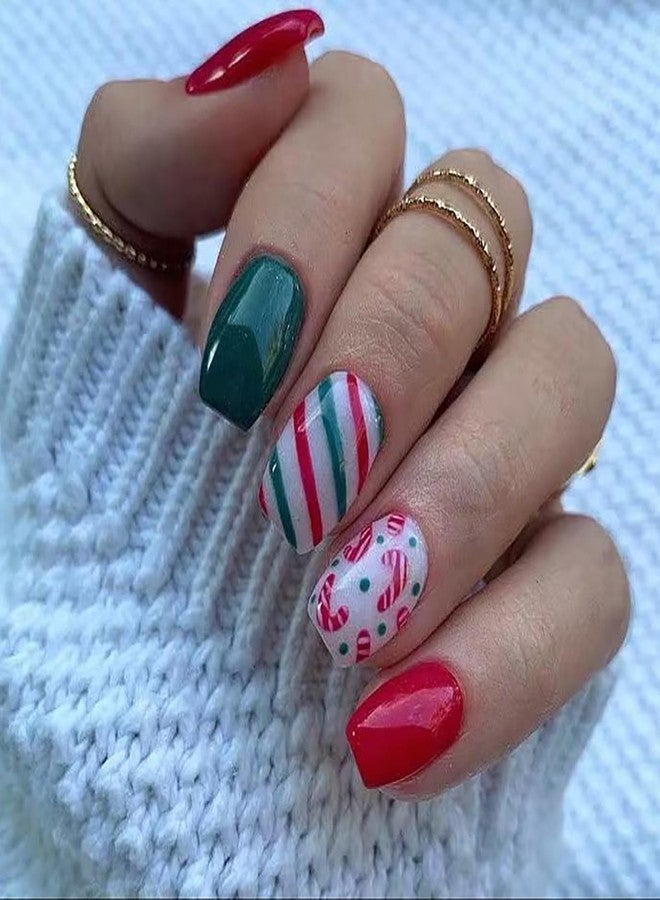 ASABITE 24Pcs Short Square Press on Nails Christmas Fake Nails with Cane Stripes Pattern Design Red Green Full Cover False Nails Winter Christmas Nails Press ons Artificial Glue on Nail for Women Girls - Image 1