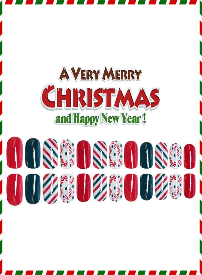 ASABITE 24Pcs Short Square Press on Nails Christmas Fake Nails with Cane Stripes Pattern Design Red Green Full Cover False Nails Winter Christmas Nails Press ons Artificial Glue on Nail for Women Girls - Image 3