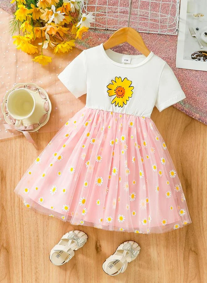 Girls Pink Daisy Print Mesh Insert Dress
