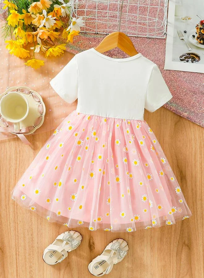 Take Two  Girls Pink Daisy Print Mesh Insert Dress for Women | Best Price UAE