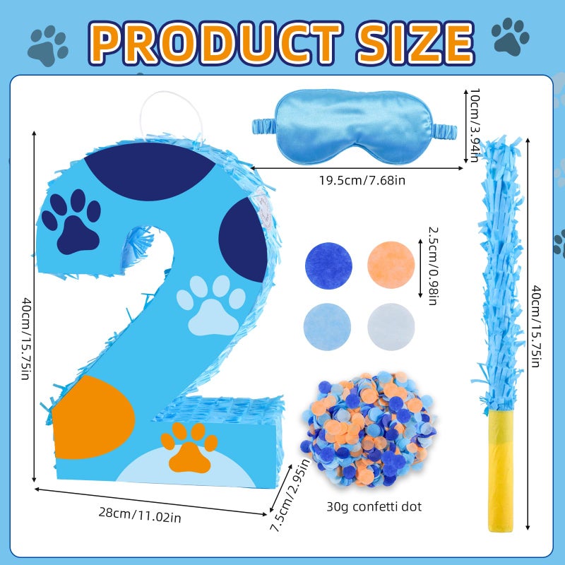 RUISUER 16 Inch Number 2 Dog Paw Pinata with 16 Inch PiÃ±ata Stick Blindfold Confetti for Boy Girl Kids 2nd Birthday Party Decorations (2nd) - Image 2