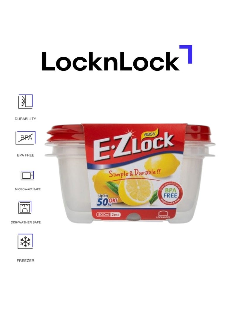 LOCK & LOCK LocknLock EzLock Rectangle Container Set - 800ml (Set of 2), Clear Base, Stackable, Microwave-Safe - Image 1