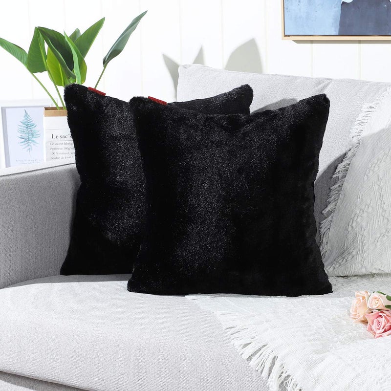MANDIOO Pack of 2 Black Faux Fur Fuzzy Cozy Soft Decorative Throw Pillow Covers Set Cushion Cases Pillowcases for Sofa Bedroom Car 18x18 Inches