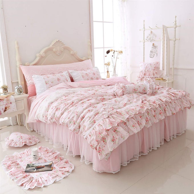 ROMANTIC ROSES PRINT DUVET COVER SET WITH BED SKIRT PINK LACE RUFFLE FLORAL SHABBY CHIC BEDDING SETS TWIN 4 PIECE