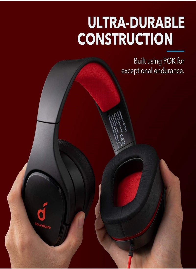soundcore strike 1 gaming headset, stereo sound, sound enhancement for fps games, noise isolating mic, and cooling gel-infused cushions, gaming headset compatible with xbox one, ps4, and pc