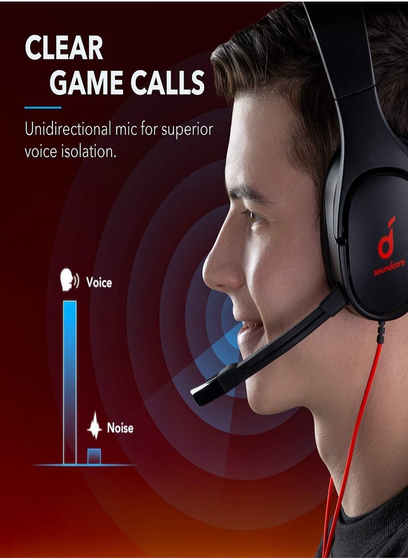soundcore strike 1 gaming headset, stereo sound, sound enhancement for fps games, noise isolating mic, and cooling gel-infused cushions, gaming headset compatible with xbox one, ps4, and pc