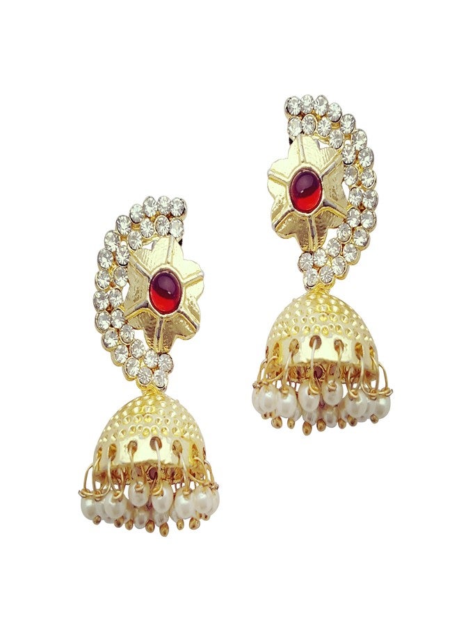 Moonstruck Diamond Pearl Jhumkis Drop Dangler Earring For Women Traditional (Red) - Image 1