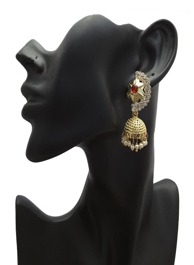 Moonstruck Diamond Pearl Jhumkis Drop Dangler Earring For Women Traditional (Red) - Image 2