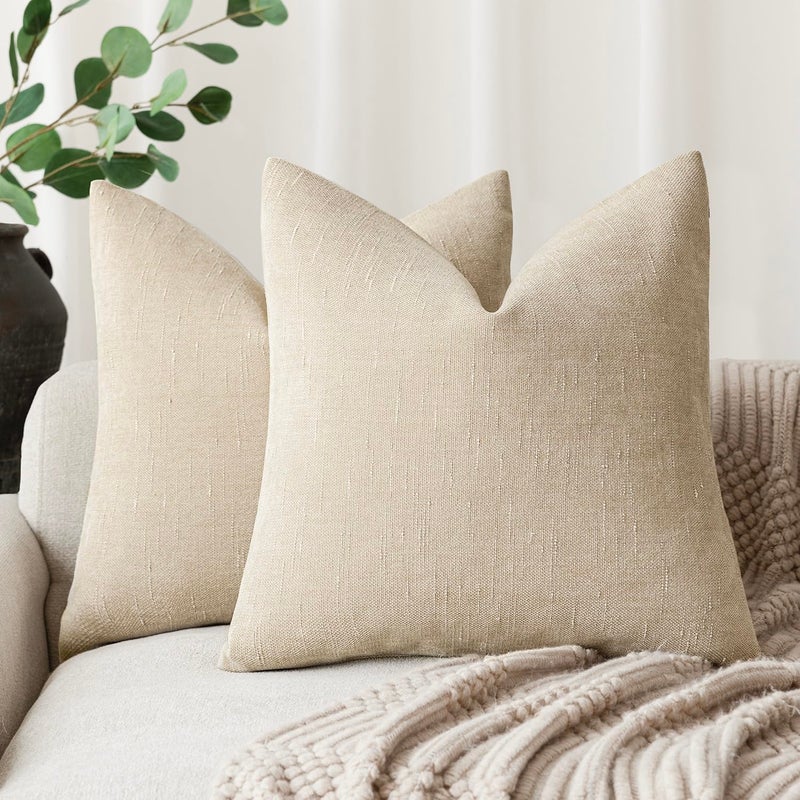 Foindtower Pack of 2 Soft Textured Chenille Throw Decorative Pillow Covers Square Accent Solid Cushion Cover Cozy Neutral Farmhouse Pillow Case for Couch Sofa Bedroom Living Room 22x22 Inch Beige