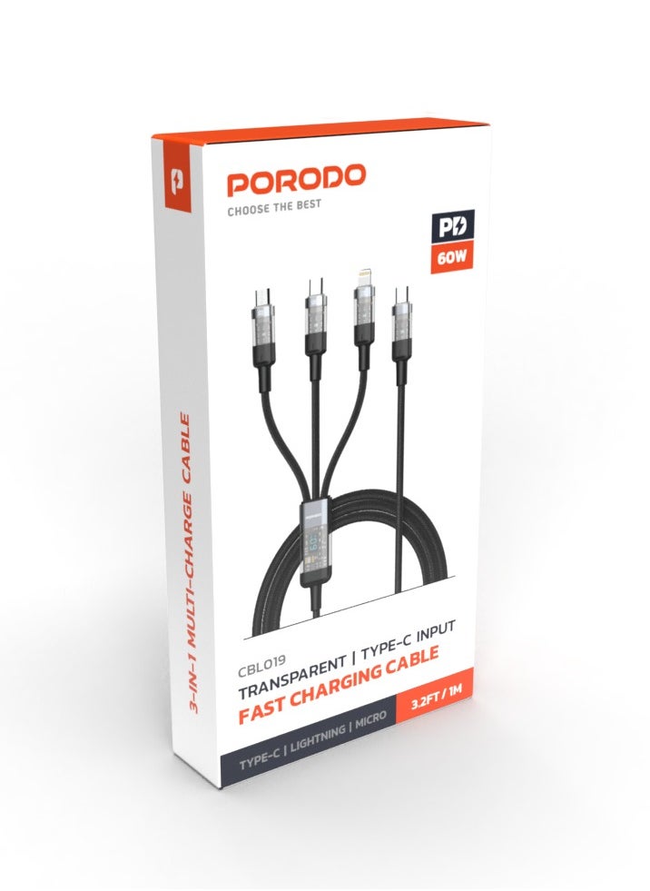 4-IN-1 Cable with Digital-Display and Fast Charging 1m Cord USB-C to Type-C and Lightning and Micro / Simultaneous Charging / Braided Cable / Universal Capability - Black