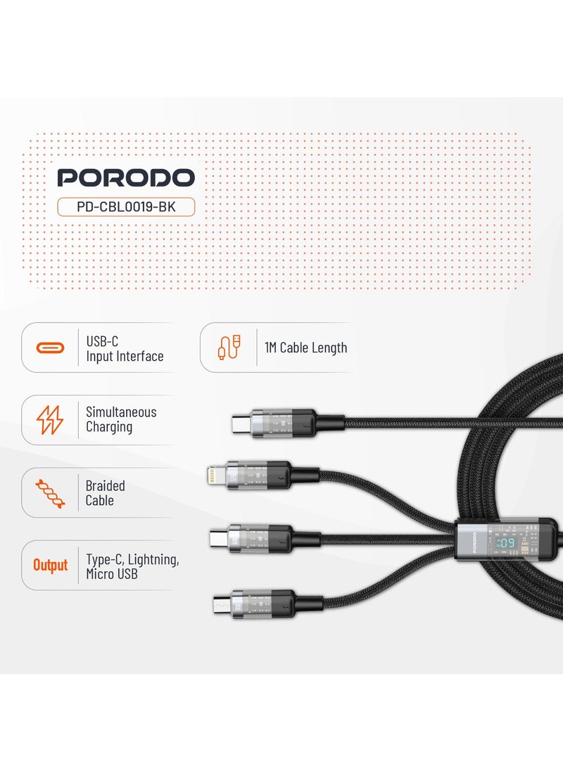 4-IN-1 Cable with Digital-Display and Fast Charging 1m Cord USB-C to Type-C and Lightning and Micro / Simultaneous Charging / Braided Cable / Universal Capability - Black