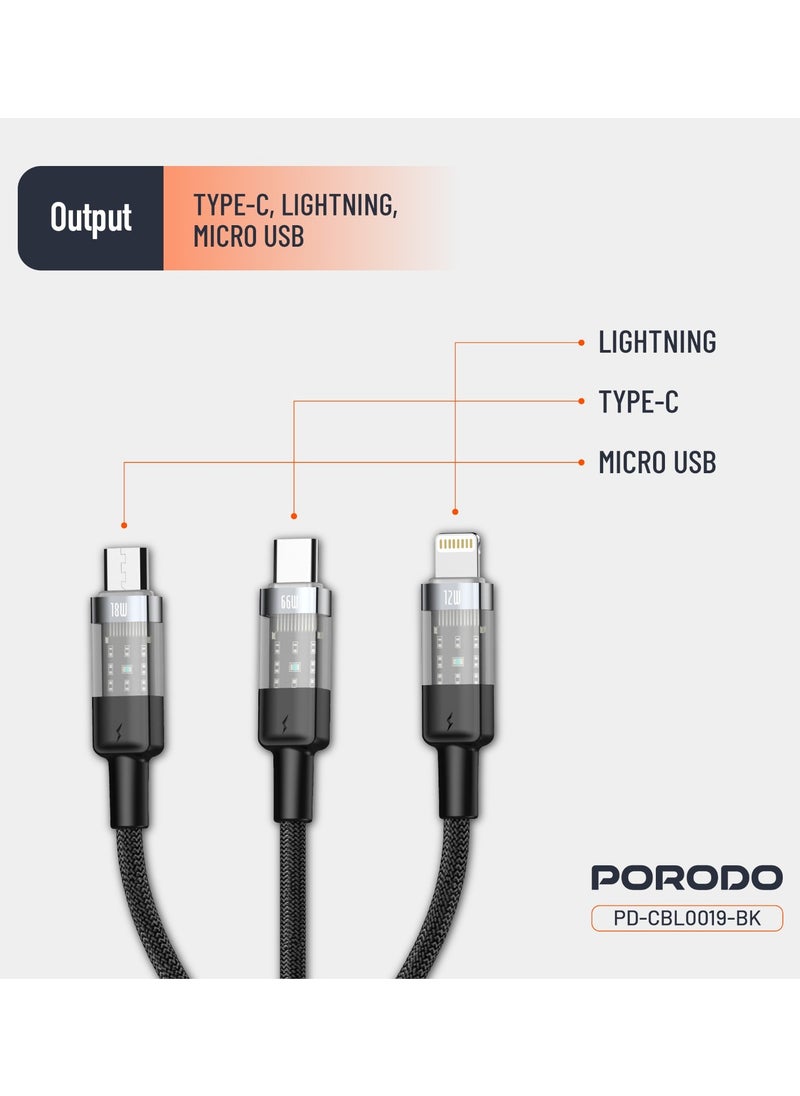 4-IN-1 Cable with Digital-Display and Fast Charging 1m Cord USB-C to Type-C and Lightning and Micro / Simultaneous Charging / Braided Cable / Universal Capability - Black