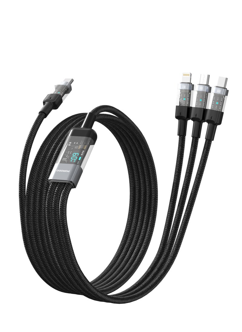 4-IN-1 Cable with Digital-Display and Fast Charging 1m Cord USB-C to Type-C and Lightning and Micro / Simultaneous Charging / Braided Cable / Universal Capability - Black