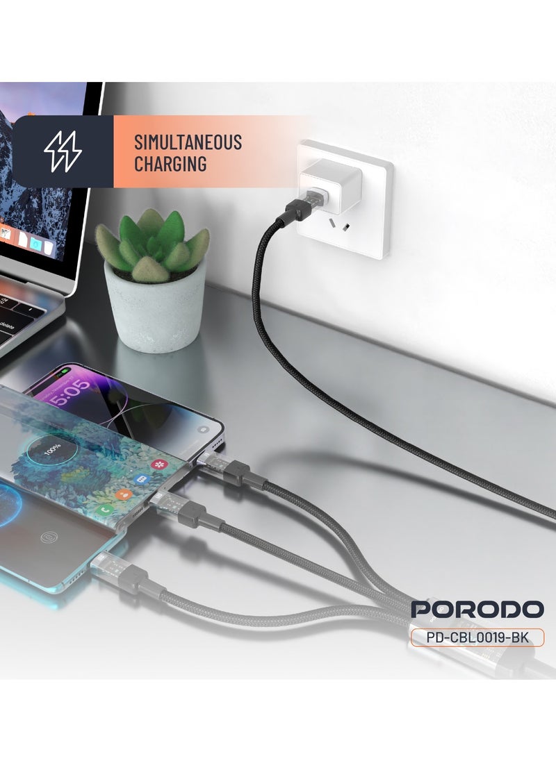 4-IN-1 Cable with Digital-Display and Fast Charging 1m Cord USB-C to Type-C and Lightning and Micro / Simultaneous Charging / Braided Cable / Universal Capability - Black