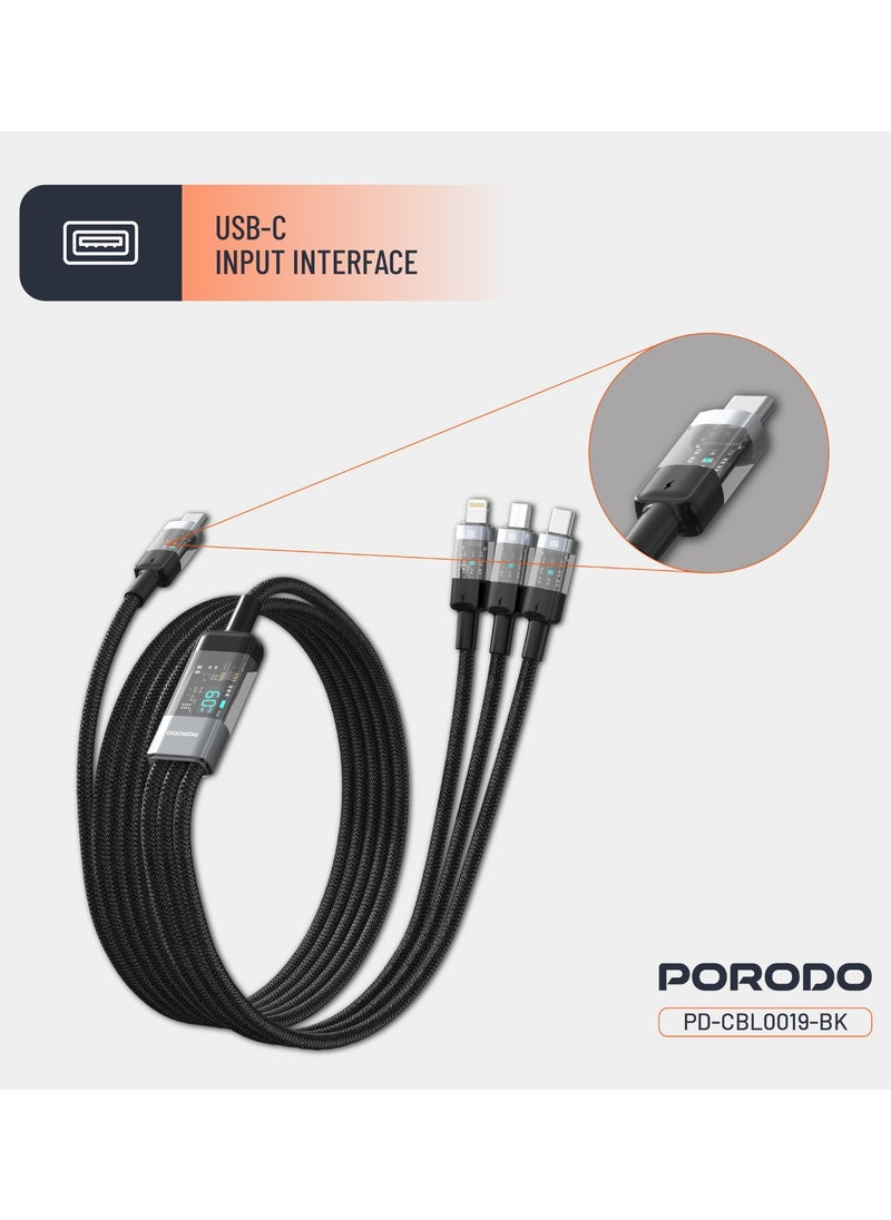 4-IN-1 Cable with Digital-Display and Fast Charging 1m Cord USB-C to Type-C and Lightning and Micro / Simultaneous Charging / Braided Cable / Universal Capability - Black