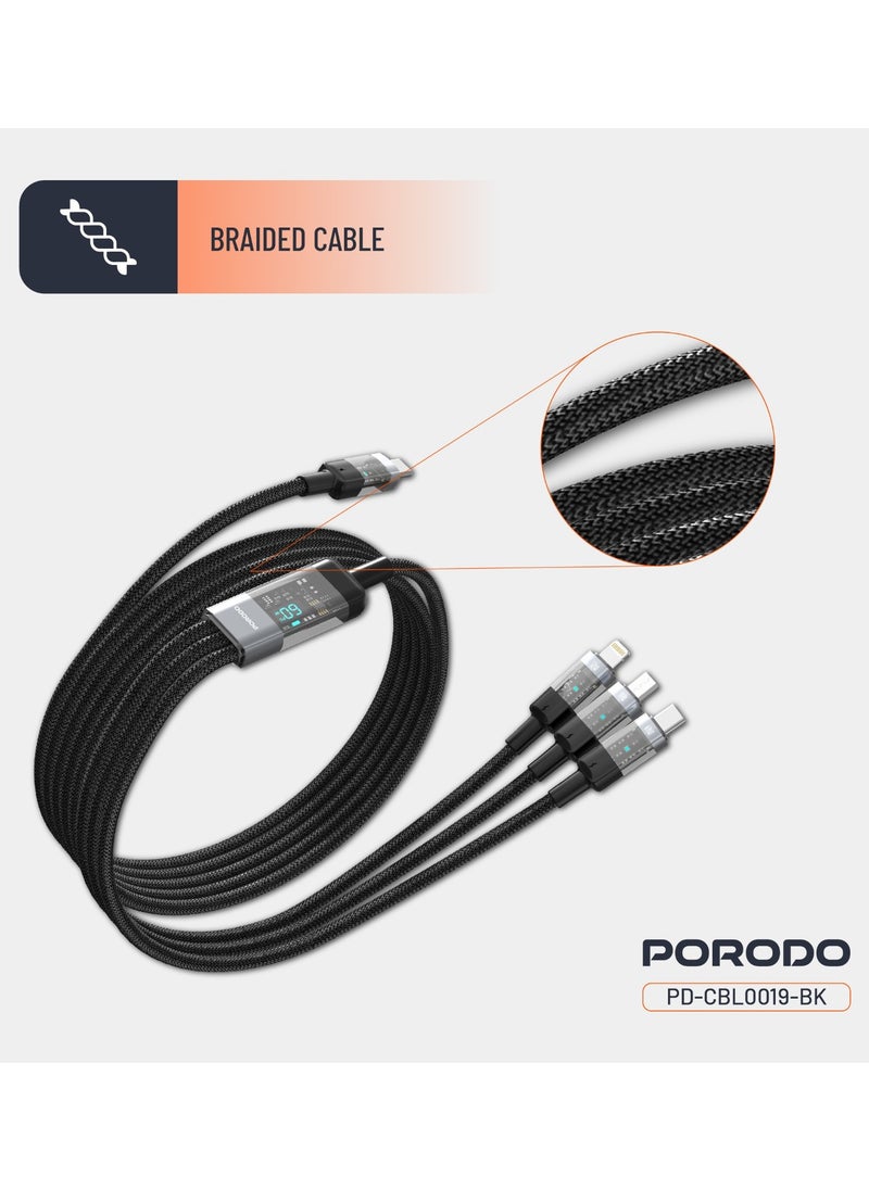4-IN-1 Cable with Digital-Display and Fast Charging 1m Cord USB-C to Type-C and Lightning and Micro / Simultaneous Charging / Braided Cable / Universal Capability - Black