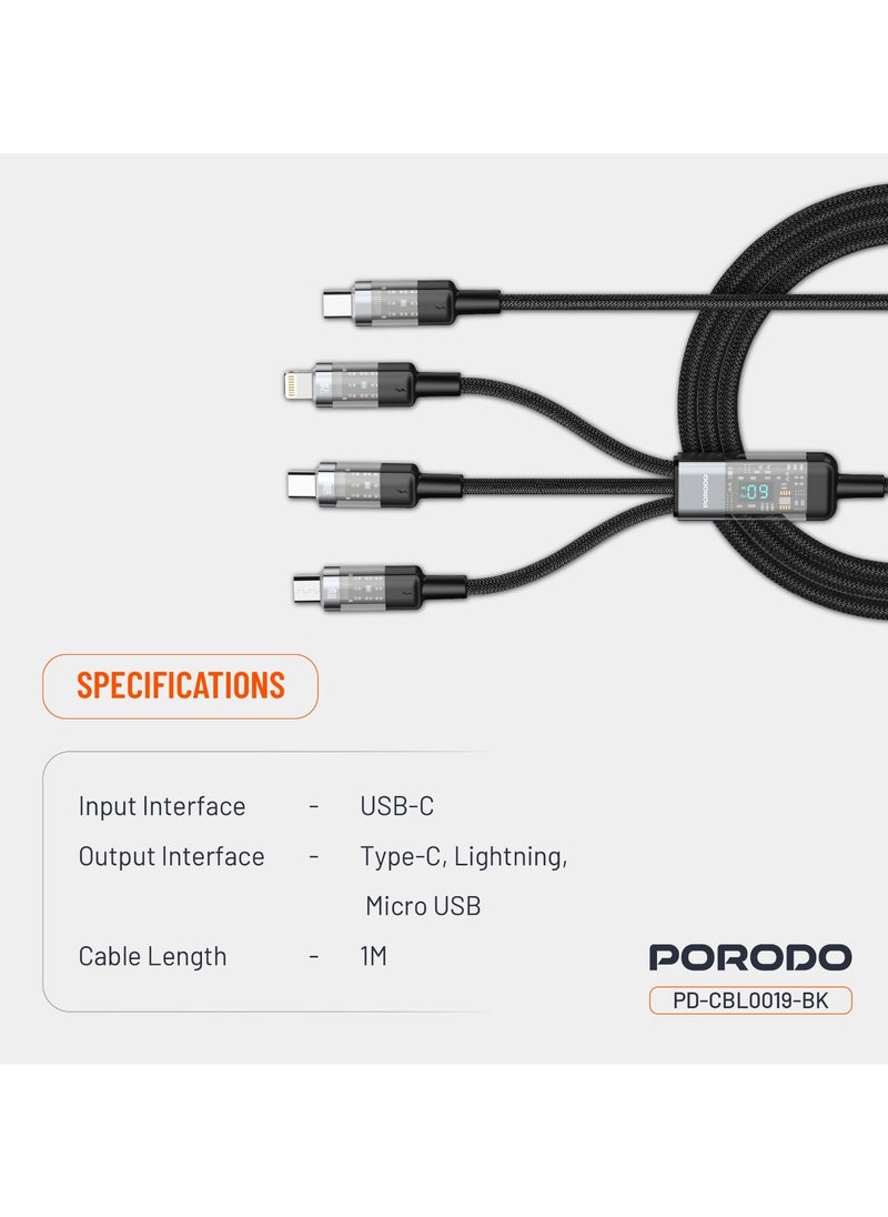 4-IN-1 Cable with Digital-Display and Fast Charging 1m Cord USB-C to Type-C and Lightning and Micro / Simultaneous Charging / Braided Cable / Universal Capability - Black