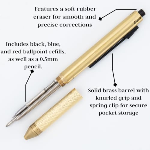 Monteverde USA Quadro 4-in-1 Multifunction Pen - Brass Finish - Three Ballpoint Refills & 0.5mm Pencil - Solid Brass Barrel with Knurled Grip - Refillable & Durable - Image 4