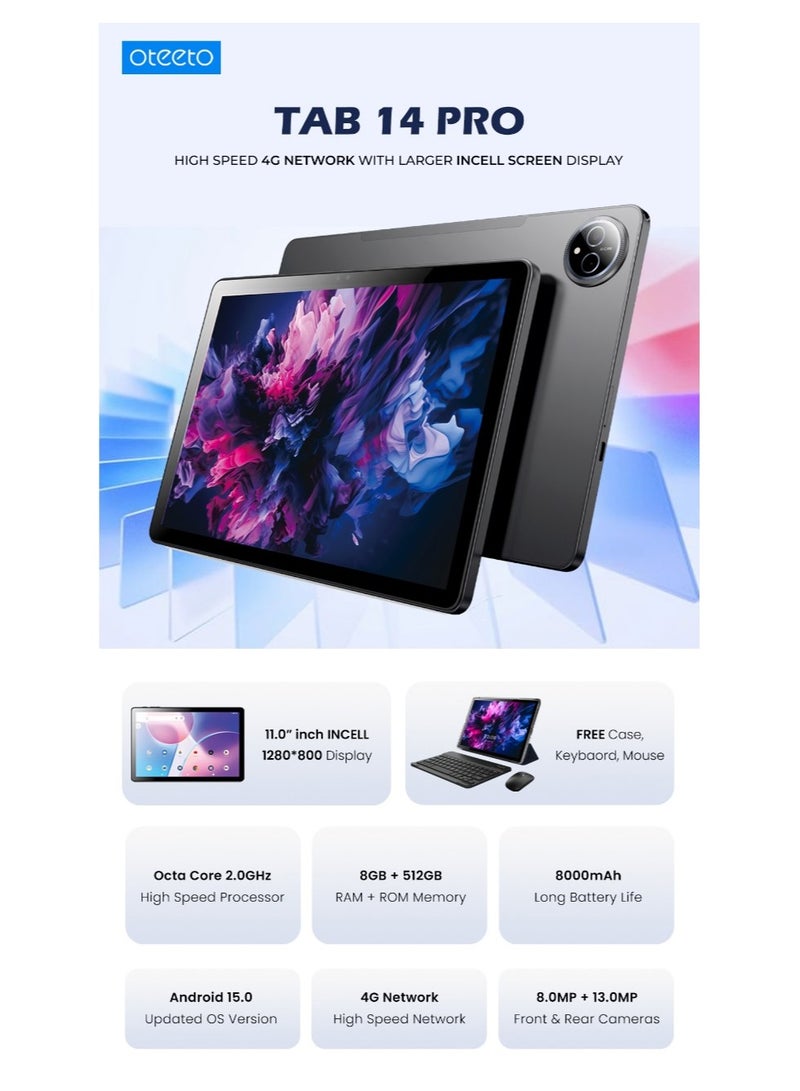 أوتيتو جهاز لوحي Oteeto TAB 14 Pro بشاشة 11 بوصة وذاكرة وصول عشوائي 12 جيجابايت وذاكرة قراءة فقط 512 جيجابايت وبطارية 8000 مللي أمبير في الساعة ولوحة مفاتيح وماوس، أزرق - Image 4