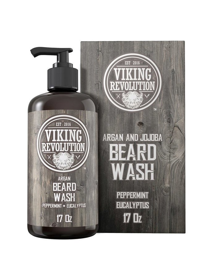 Viking Revolution Beard Wash Shampoo w/Argan & Jojoba Oils - Softens & Strengthens - Natural Peppermint and Eucalyptus Scent - Beard Shampoo w/Beard Oil (17 oz Shampoo)  - Image 1