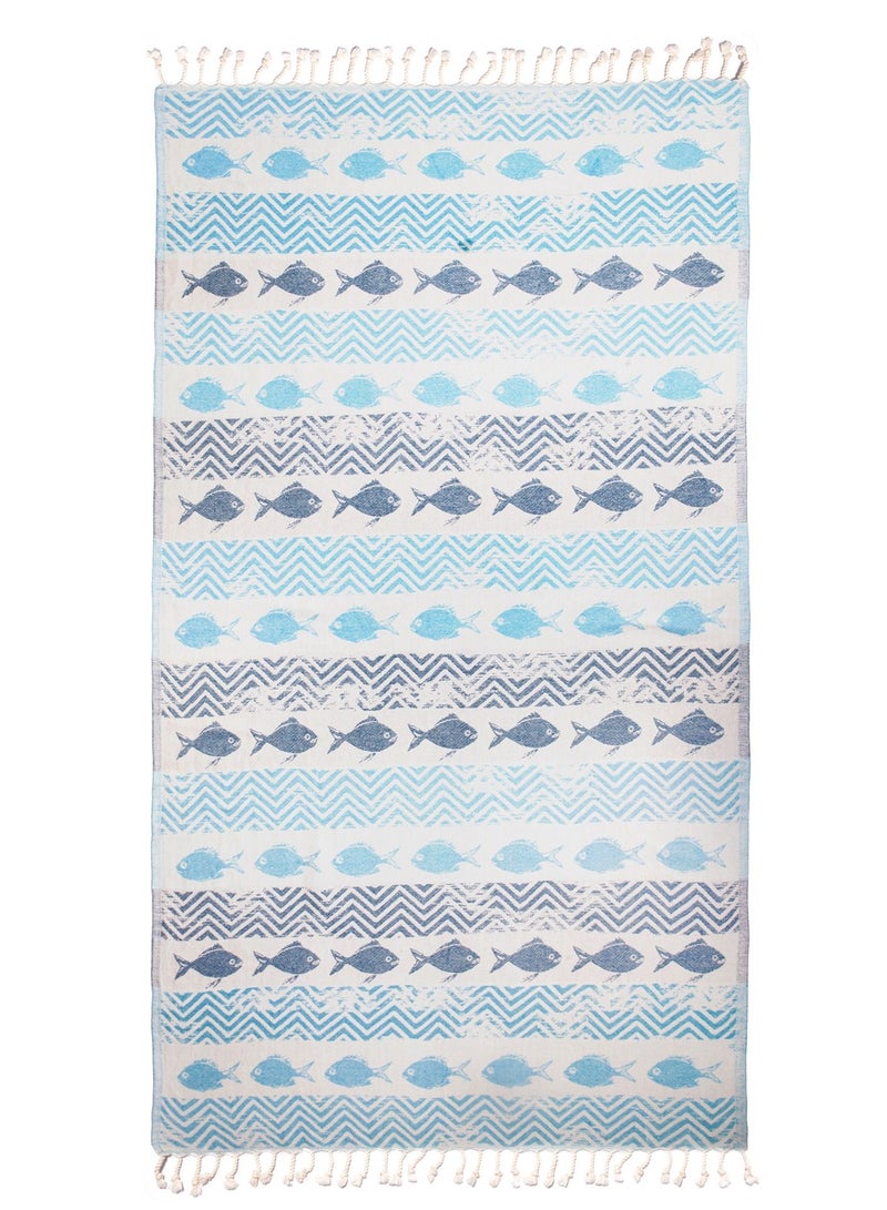 Anemoss Turkish Peshtemal Bath Towel, Large Size 100x180cm, Fishes Pattern Design, 100% Cotton Soft & Quick Dry Material, Versatile Use for Beach, Pool and Bath, Peshtemal Bath Towel - Image 1