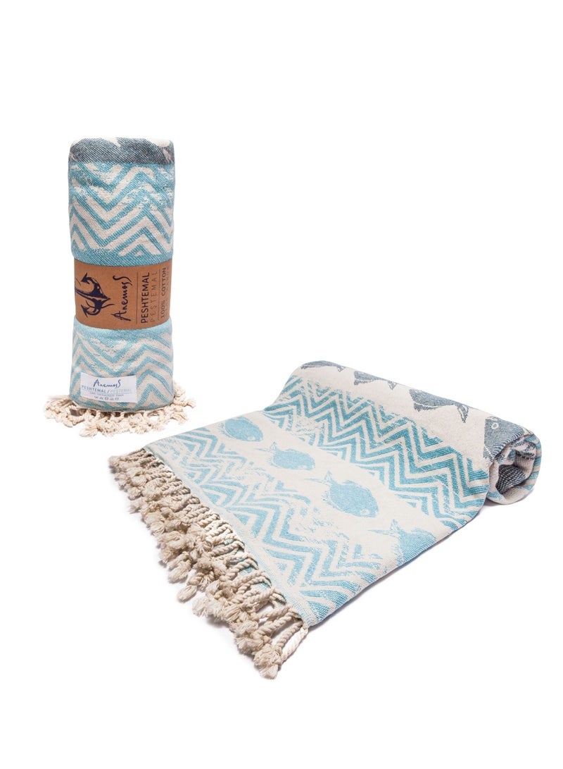 Anemoss Turkish Peshtemal Bath Towel, Large Size 100x180cm, Fishes Pattern Design, 100% Cotton Soft & Quick Dry Material, Versatile Use for Beach, Pool and Bath, Peshtemal Bath Towel - Image 3