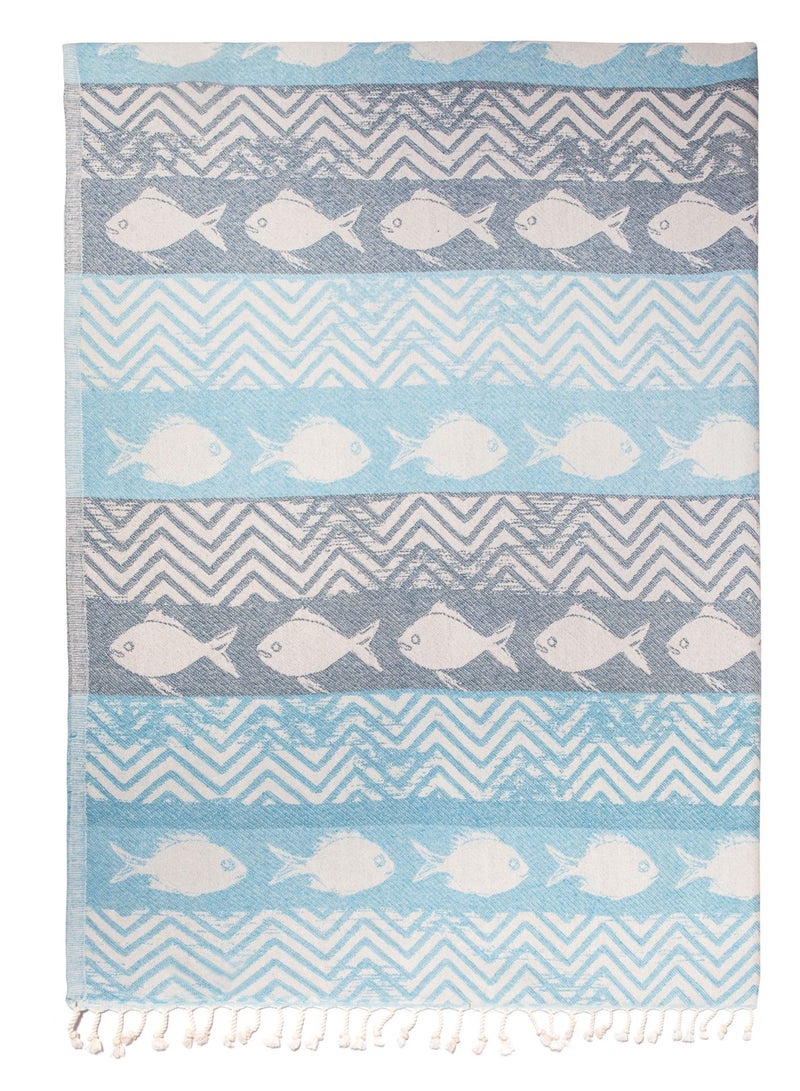 Anemoss Turkish Peshtemal Bath Towel, Large Size 100x180cm, Fishes Pattern Design, 100% Cotton Soft & Quick Dry Material, Versatile Use for Beach, Pool and Bath, Peshtemal Bath Towel - Image 2