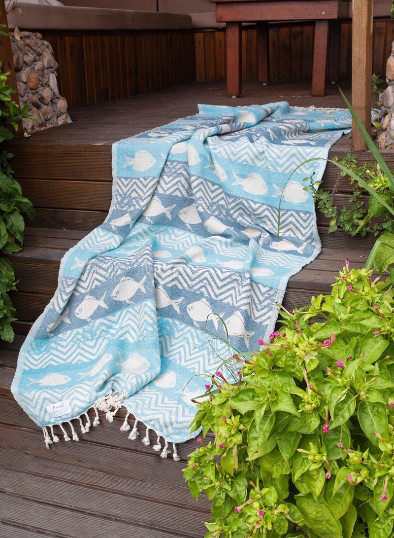 Anemoss Turkish Peshtemal Bath Towel, Large Size 100x180cm, Fishes Pattern Design, 100% Cotton Soft & Quick Dry Material, Versatile Use for Beach, Pool and Bath, Peshtemal Bath Towel - Image 5