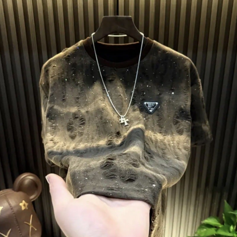 New 2025 Baby'S Breath T-Shirt Trendy Brand High-End Round Neck Top Sequined Loose Ripped Short-Sleeved T-Shirt For Men - Image 1