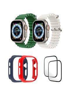 Silicone Ocean Band Strap for Apple Watch Ultra 8 49mm Green/Snow White , Case Compatible with Apple Watch Ultra 49mm Blue/Red , 2* pcs Watch glass Set of 6