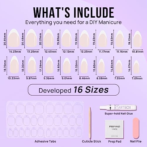 BTArtbox Press On Nails Short - Almond French Tip Press On Nails with Glue for Women, Soft Gel Glue On Nails in 16 Sizes - 32 Stick On Nails Kit, White French - Image 5