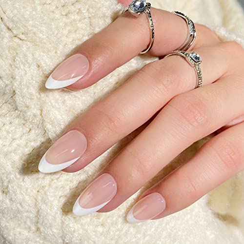 BTArtbox Press On Nails Short - Almond French Tip Press On Nails with Glue for Women, Soft Gel Glue On Nails in 16 Sizes - 32 Stick On Nails Kit, White French - Image 2