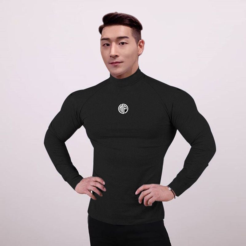 Muscle Men''s New Fitness Tight T-shirt Casual Breathable Vertical Collar High Elastic Base Shirt Running - Image 1