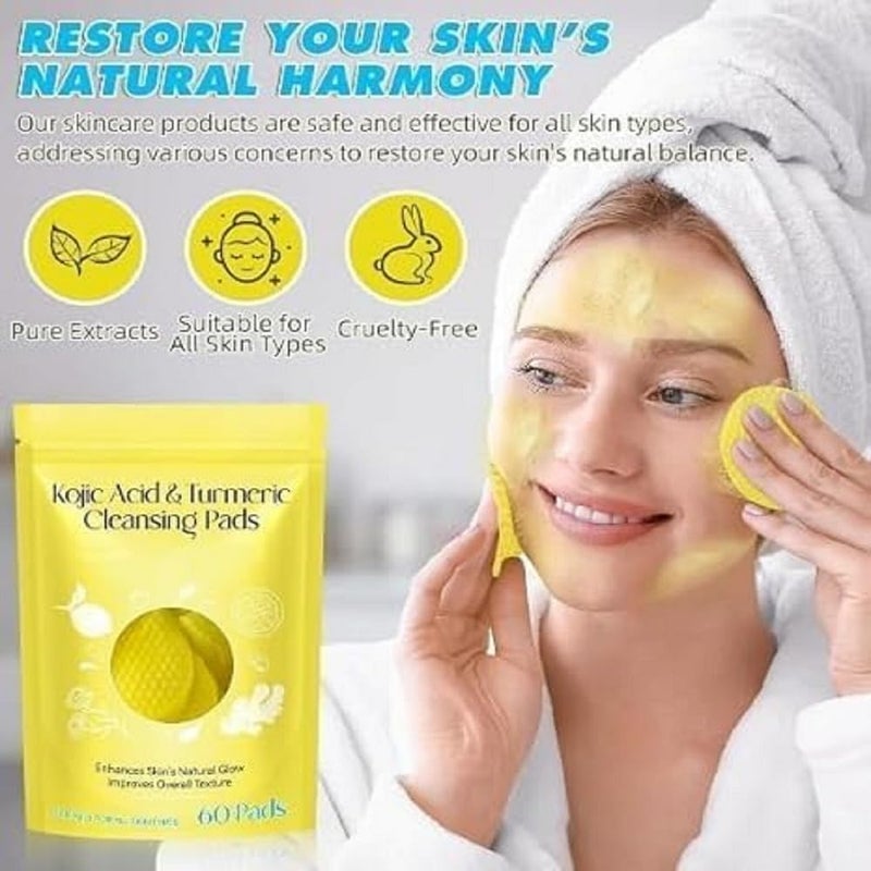 KANAKADHARA Kojic Acid and Turmeric Cleansing Pads with Vitamin B5, Vitamin C, Turmeric Pad Infused Foaming Exfoliating, Turmeric Lemon Chamomile Pads for Face -60PCS (Pack of 1) - Image 2