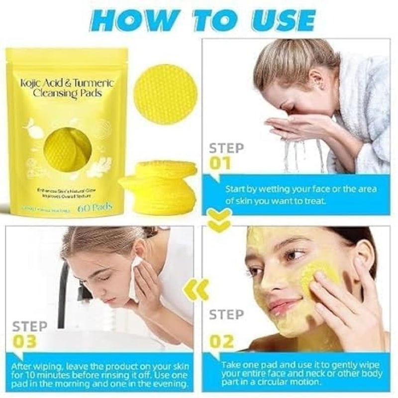 KANAKADHARA Kojic Acid and Turmeric Cleansing Pads with Vitamin B5, Vitamin C, Turmeric Pad Infused Foaming Exfoliating, Turmeric Lemon Chamomile Pads for Face -60PCS (Pack of 1) - Image 3
