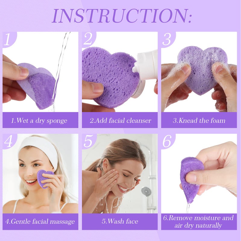 Sieral 120 Pcs Compressed Facial Sponges with Container Disposable Face Sponge Pads for Washing Face Cleansing Exfoliating Esthetician Makeup Removal(Heart,Purple) - Image 5