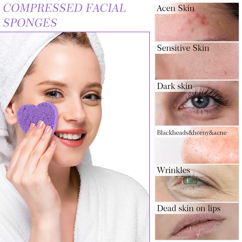 Sieral 120 Pcs Compressed Facial Sponges with Container Disposable Face Sponge Pads for Washing Face Cleansing Exfoliating Esthetician Makeup Removal(Heart,Purple) - Image 4