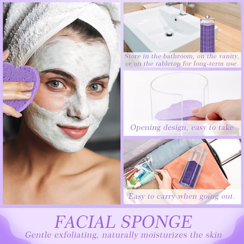 Sieral 120 Pcs Compressed Facial Sponges with Container Disposable Face Sponge Pads for Washing Face Cleansing Exfoliating Esthetician Makeup Removal(Heart,Purple) - Image 3