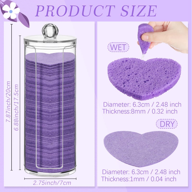 Sieral 120 Pcs Compressed Facial Sponges with Container Disposable Face Sponge Pads for Washing Face Cleansing Exfoliating Esthetician Makeup Removal(Heart,Purple) - Image 2