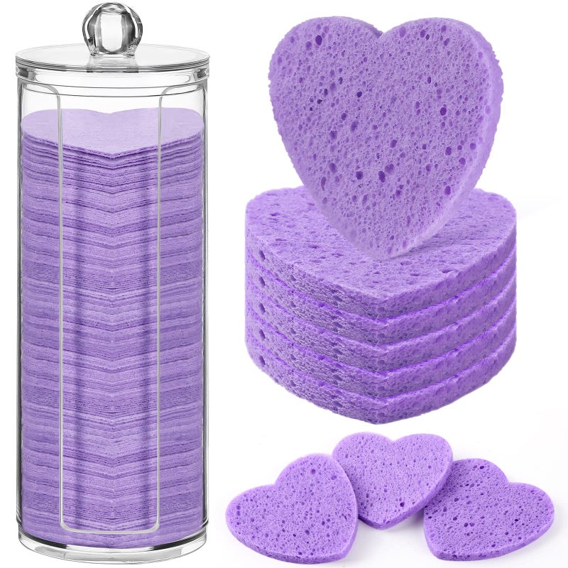 Sieral 120 Pcs Compressed Facial Sponges with Container Disposable Face Sponge Pads for Washing Face Cleansing Exfoliating Esthetician Makeup Removal(Heart,Purple) - Image 1