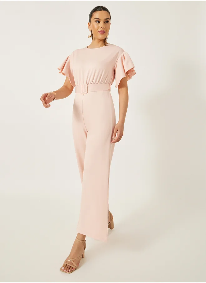 ستايلي Flutter Sleeve Round Neck Belted Jumpsuit