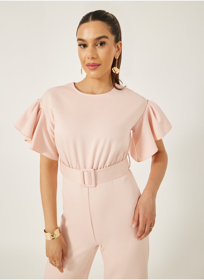 Styli Flutter Sleeve Round Neck Belted Jumpsuit  - Image 3