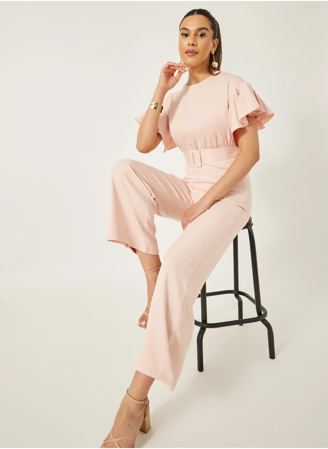 ستايلي Flutter Sleeve Round Neck Belted Jumpsuit